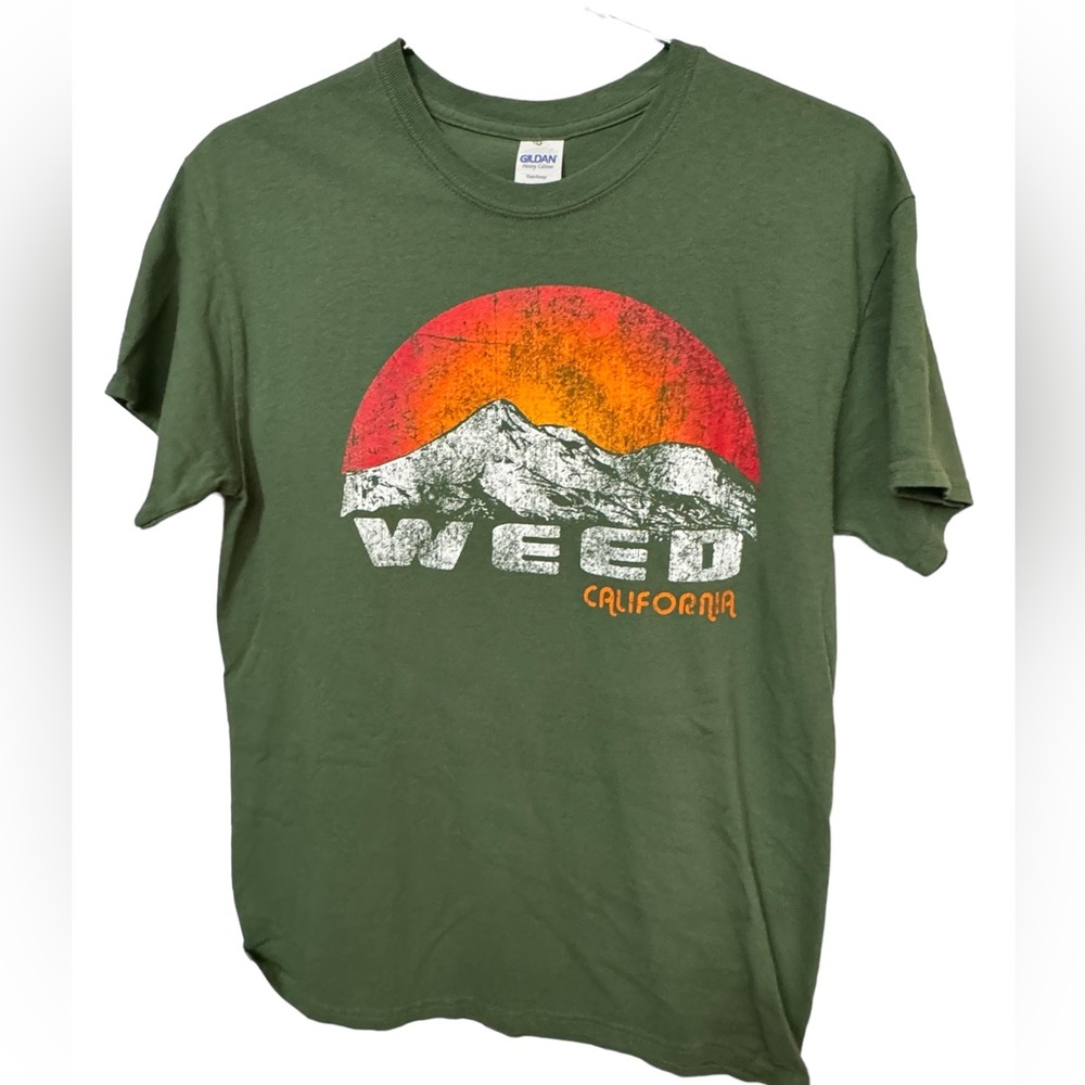 Vintage WEED CA Sunset Mountains Hiking Retro Men’s M T-Shirt MINTY Green